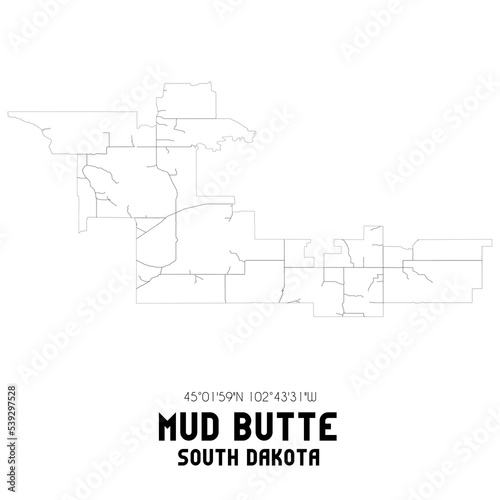 Mud Butte South Dakota. US street map with black and white lines.