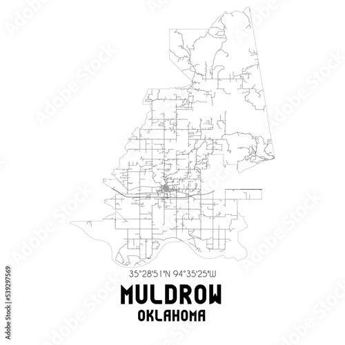 Muldrow Oklahoma. US street map with black and white lines.
