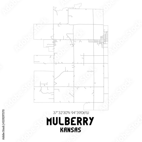 Mulberry Kansas. US street map with black and white lines.