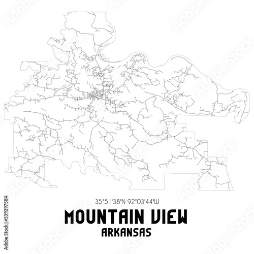 Mountain View Arkansas. US street map with black and white lines.