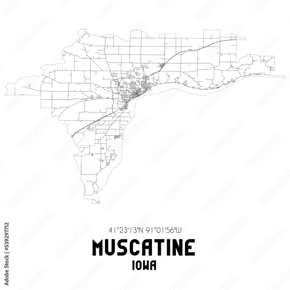 Muscatine Iowa. US street map with black and white lines. Muscatine Iowa. US street map with black and white lines.