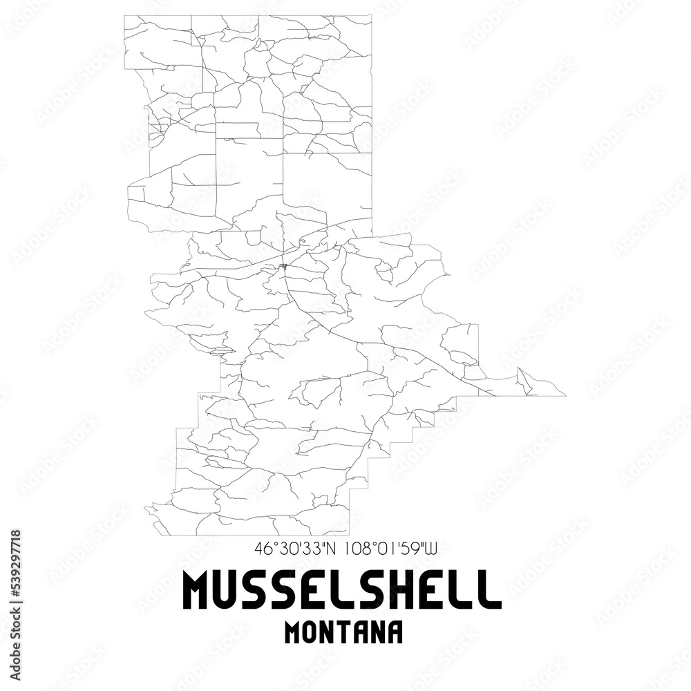Musselshell Montana. US street map with black and white lines.