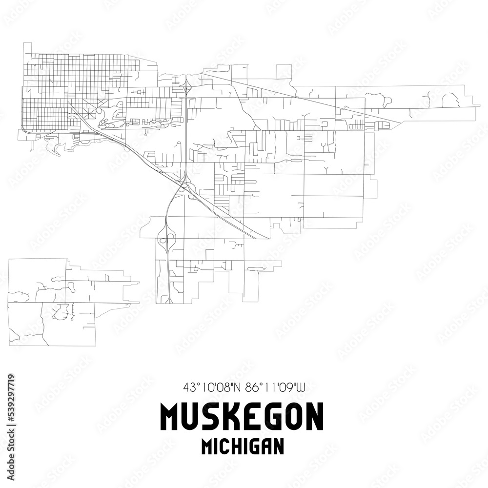 Muskegon Michigan. US street map with black and white lines.