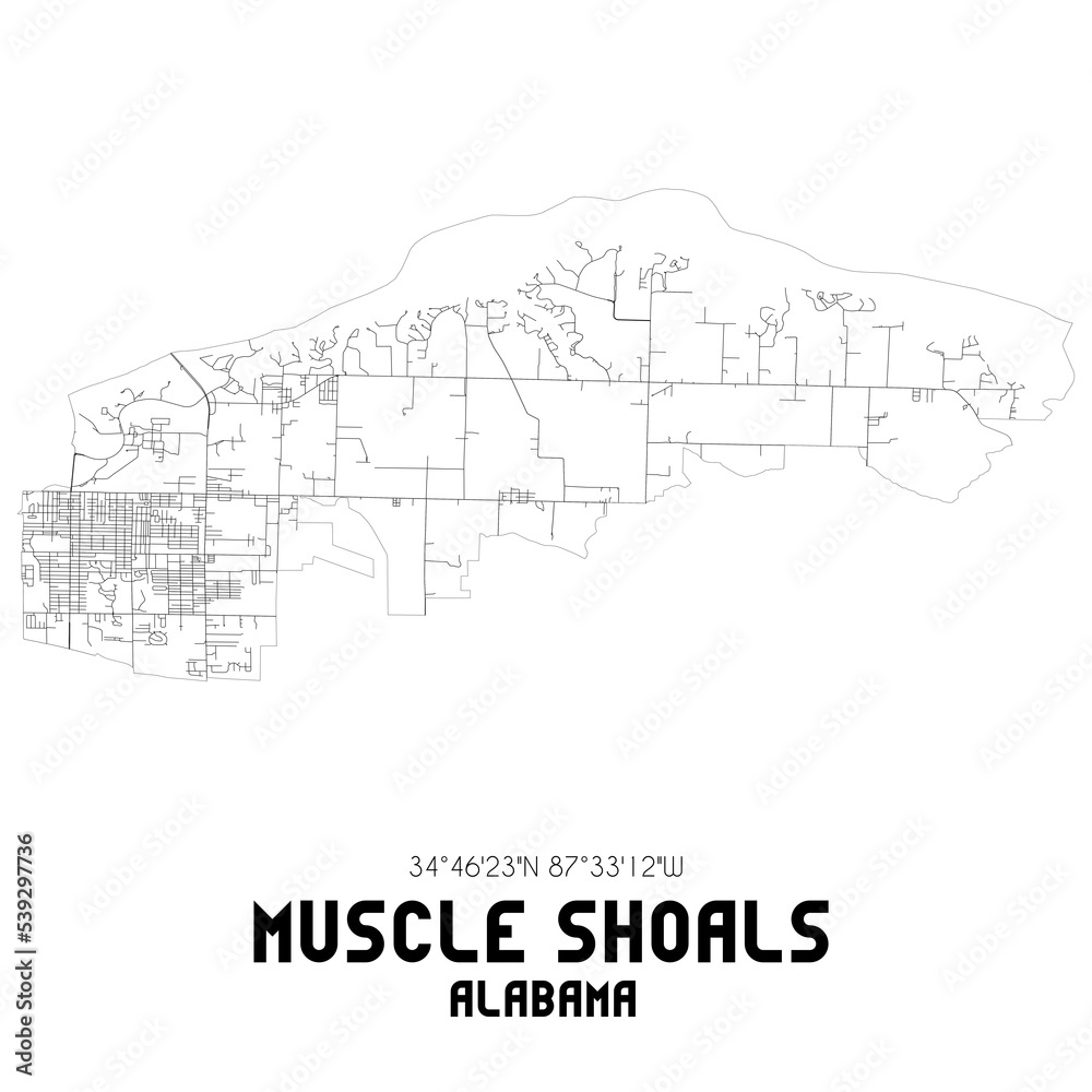 Muscle Shoals Alabama. US street map with black and white lines.