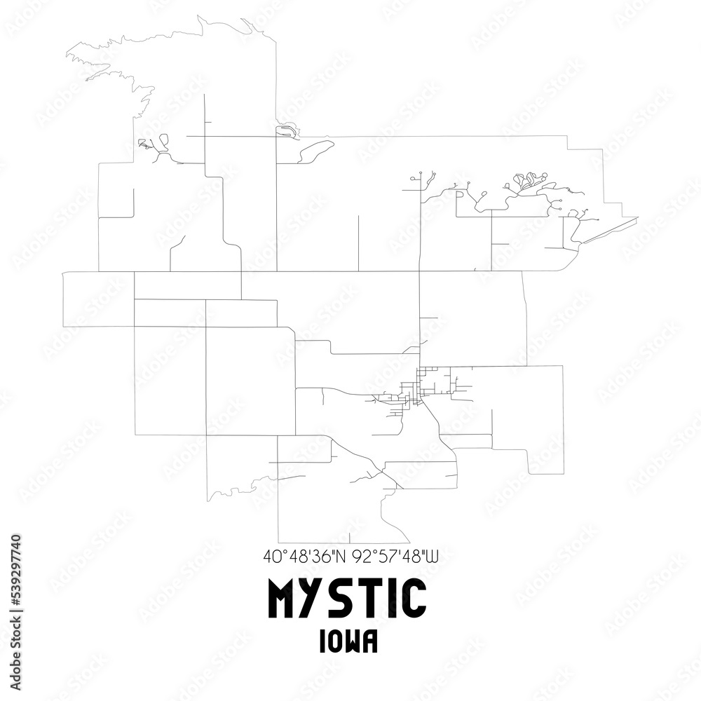 Mystic Iowa. US street map with black and white lines.