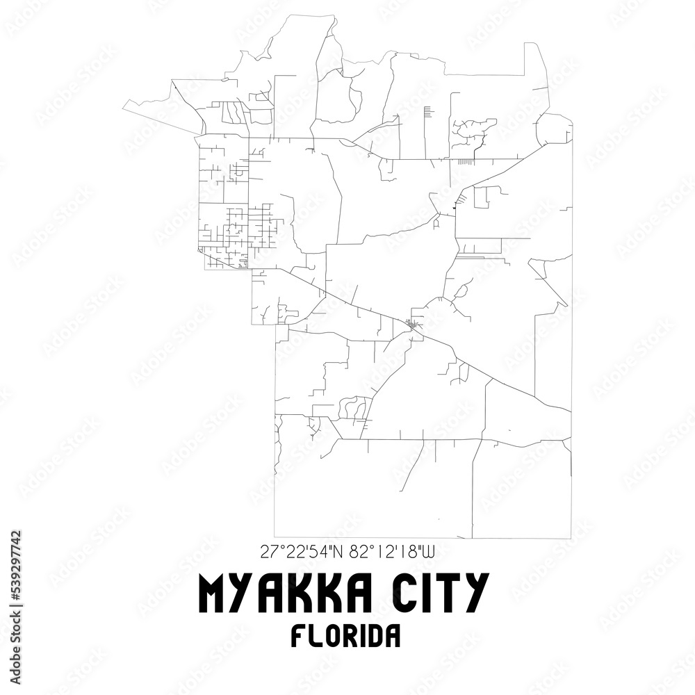 Myakka City Florida. US street map with black and white lines.