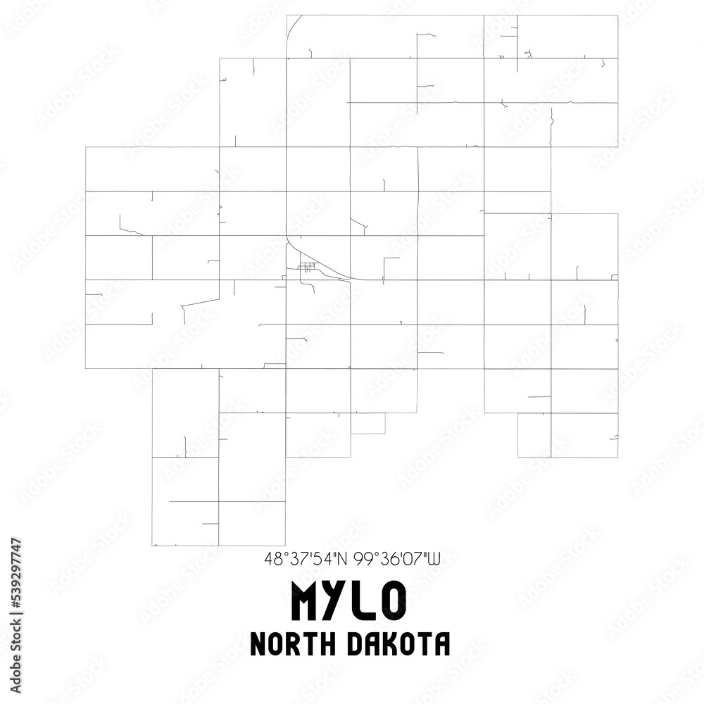 Mylo North Dakota. US street map with black and white lines.