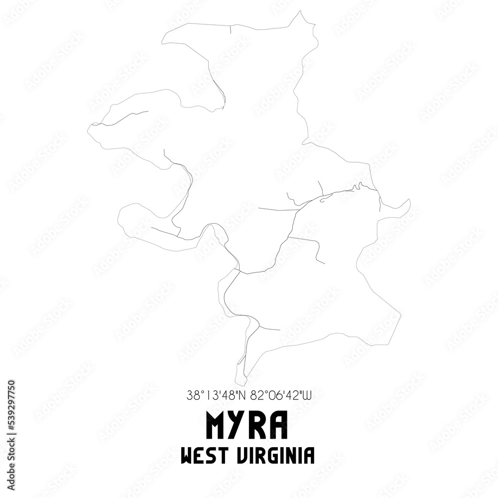 Myra West Virginia. US street map with black and white lines.