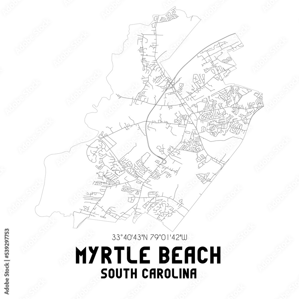 Myrtle Beach South Carolina. US street map with black and white lines.