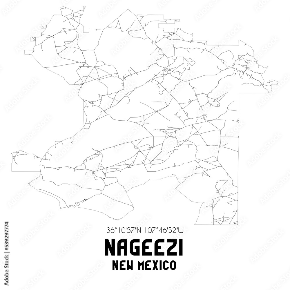 Nageezi New Mexico. US street map with black and white lines.