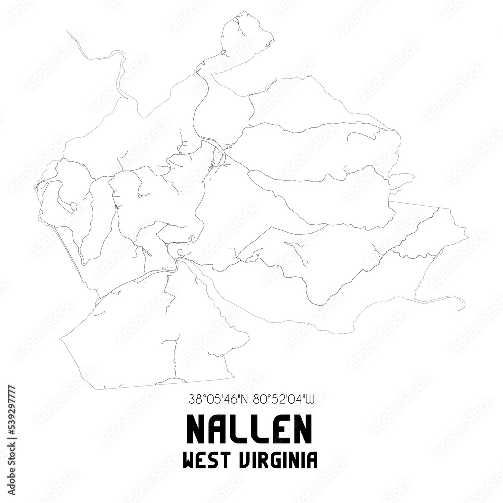 Nallen West Virginia. US street map with black and white lines.