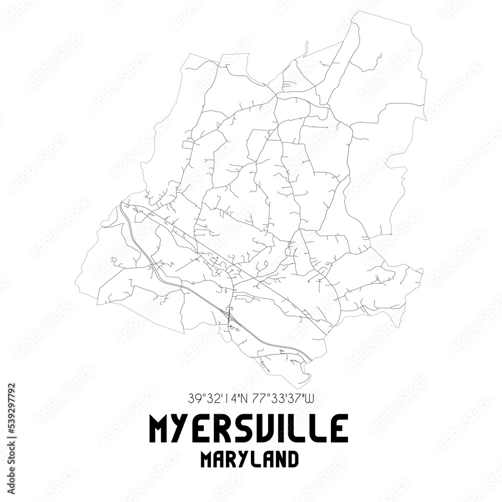Myersville Maryland. US street map with black and white lines.