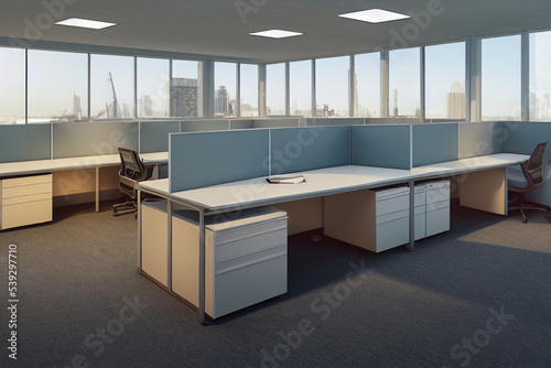 Office space with tables and chairs. Room for office workers open space. Office room for the placement of corporate attributes of the company. 3D office rendering. 