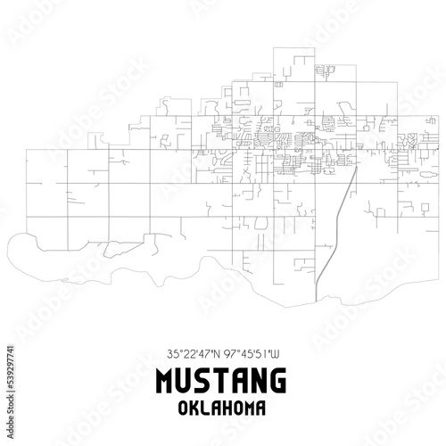 Mustang Oklahoma. US street map with black and white lines.