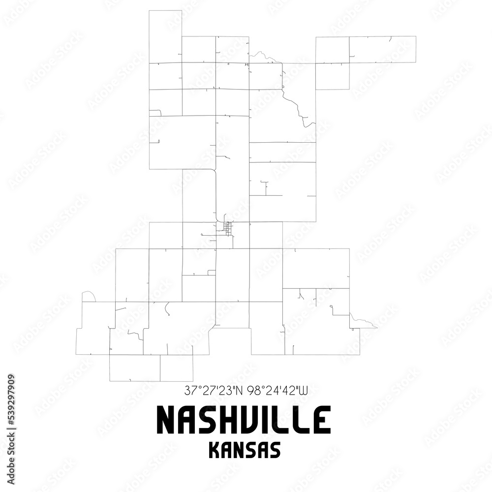 Nashville Kansas. US street map with black and white lines.