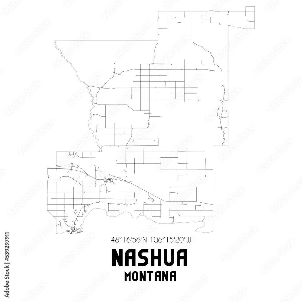 Nashua Montana. US street map with black and white lines.