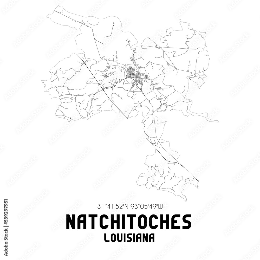 Natchitoches Louisiana. US street map with black and white lines.