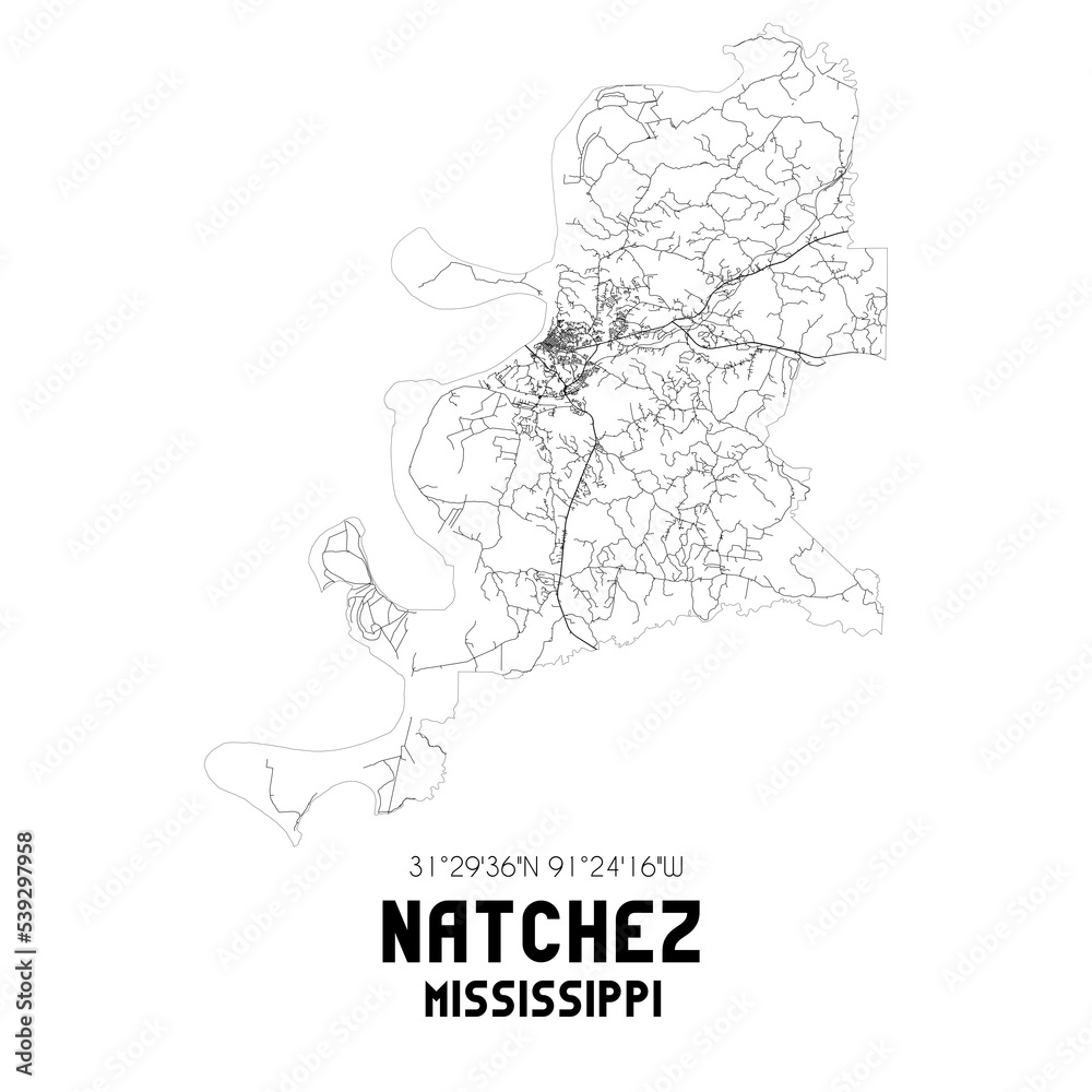 Natchez Mississippi. US street map with black and white lines.