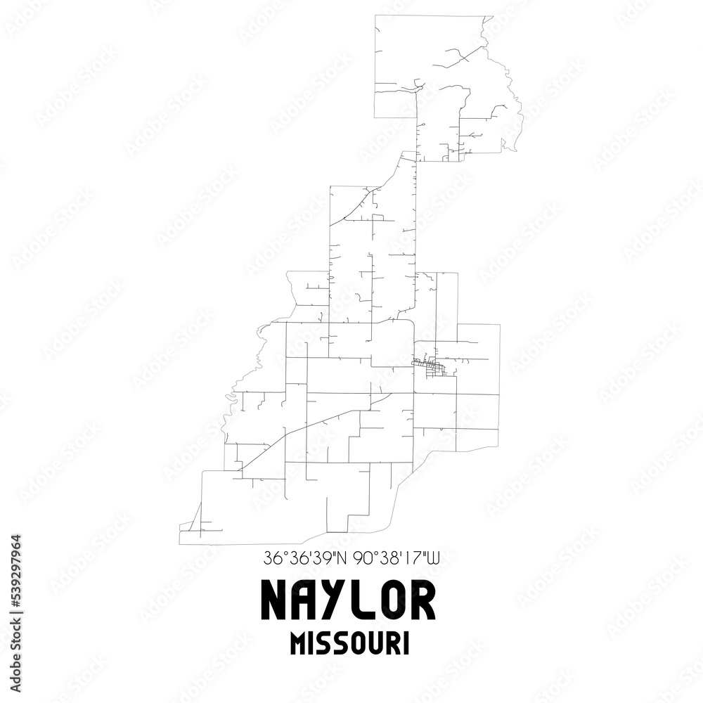 Naylor Missouri. US street map with black and white lines.
