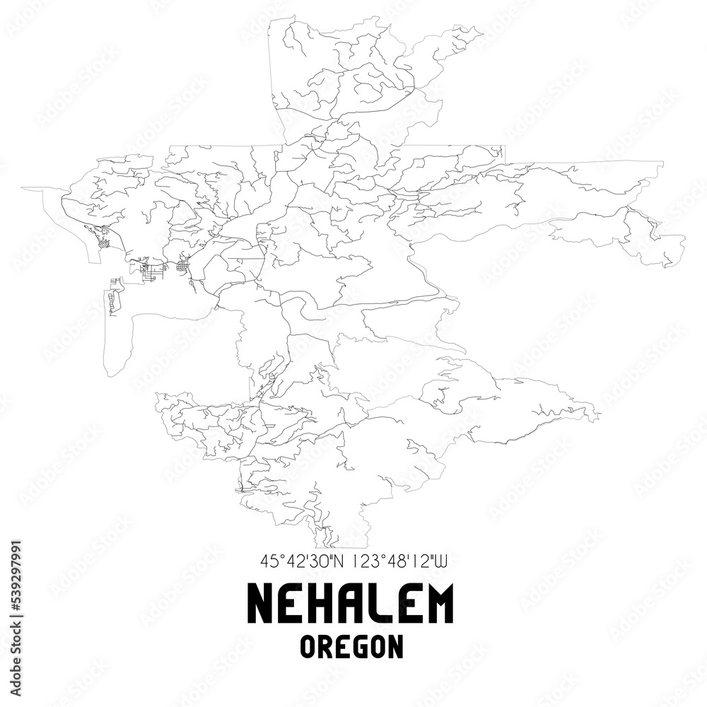 Nehalem Oregon. US street map with black and white lines.
