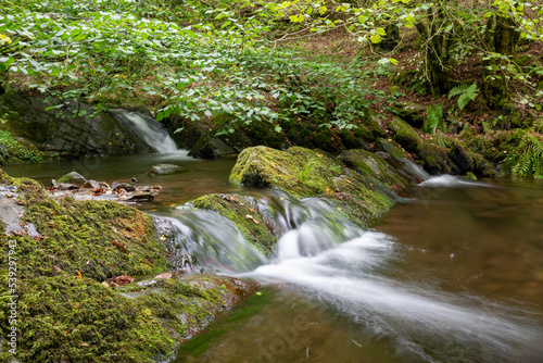 Fototapeta Naklejka Na Ścianę i Meble -  Long exposure of a waterfall on the Horner Water river in Horner woods in Somerset