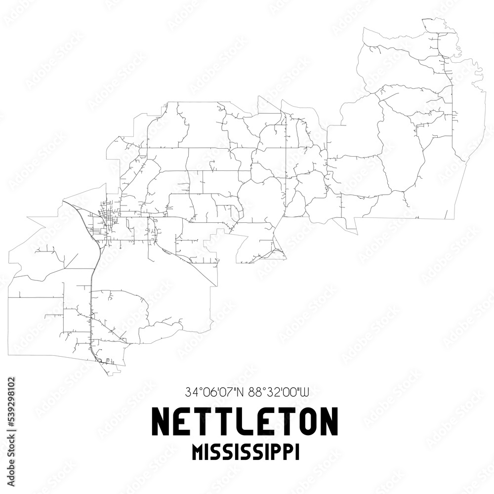 Nettleton Mississippi. US street map with black and white lines.