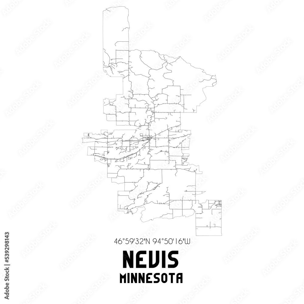 Nevis Minnesota. US street map with black and white lines.