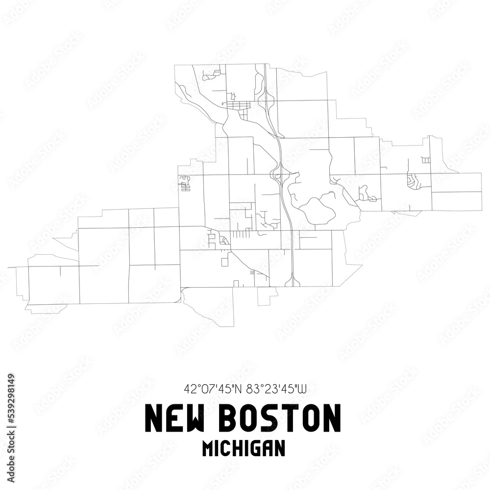New Boston Michigan. US street map with black and white lines.