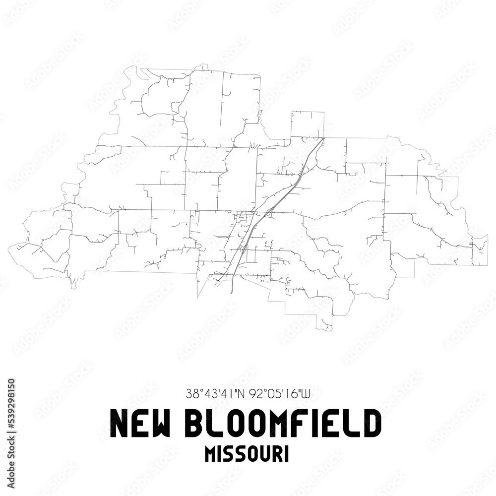 New Bloomfield Missouri. US street map with black and white lines.