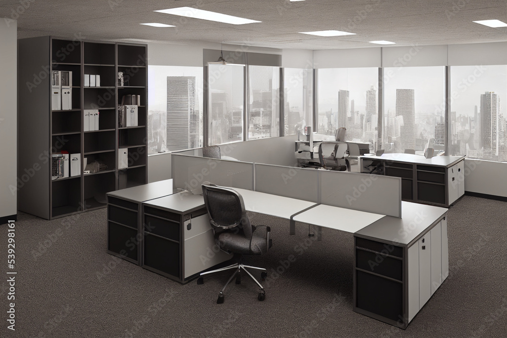 Office space with tables and chairs. Room for office workers open space. Office room for the placement of corporate attributes of the company. 3D office rendering.
Office space with tables and chairs. Room for office workers open space. Office room for the placement of corporate attributes of the company. 3D office rendering.