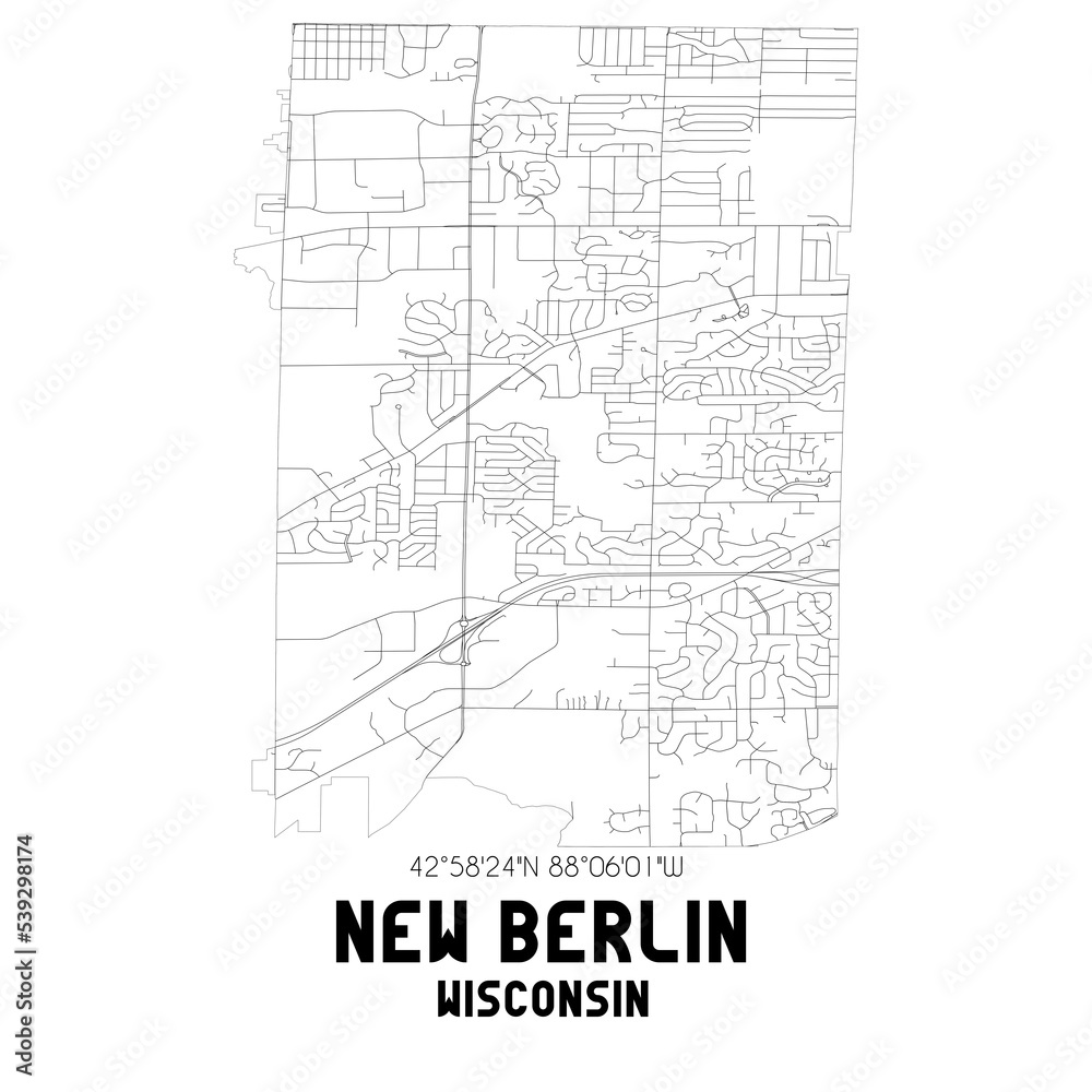 New Berlin Wisconsin. US street map with black and white lines.