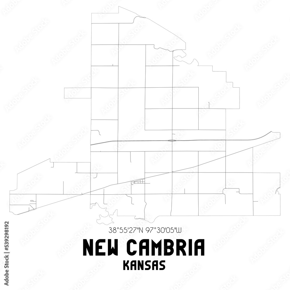 New Cambria Kansas. US street map with black and white lines.