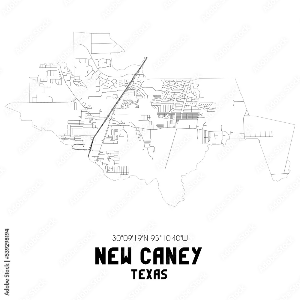 New Caney Texas. US street map with black and white lines.
