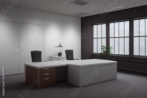 A separate director s office. Room with a table and chair of the head  cabinets and attributes of the office space. Director s room mockup for the placement of corporate attributes of the company. 3D 