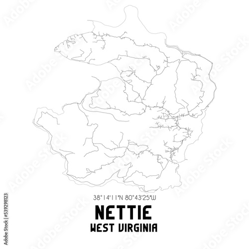 Nettie West Virginia. US street map with black and white lines.