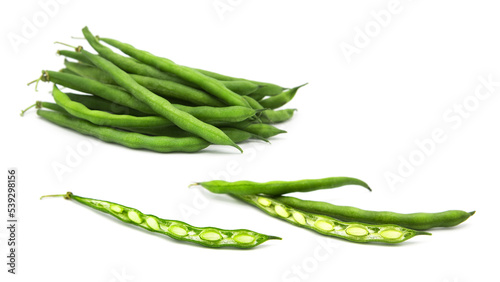 Fresh organic green beans whole and cut isolated on white background.	