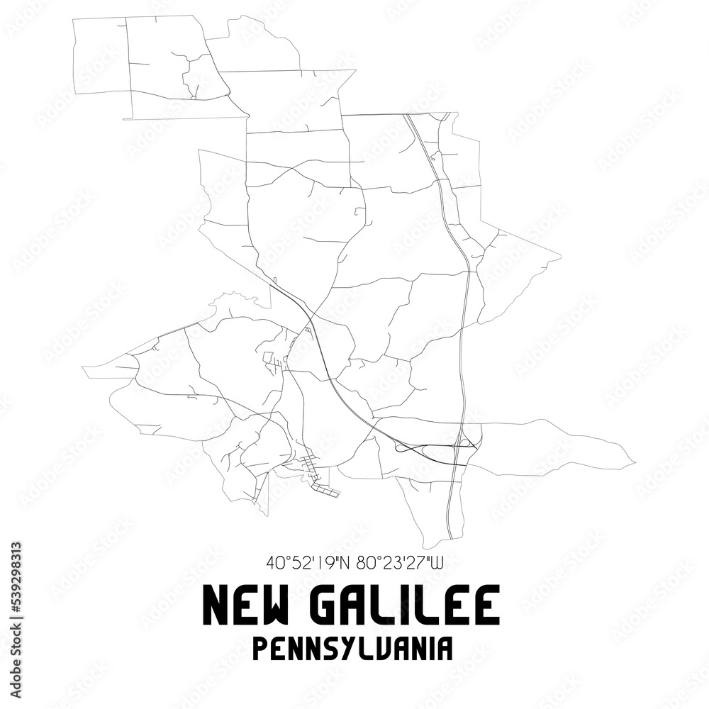 New Galilee Pennsylvania. US street map with black and white lines.