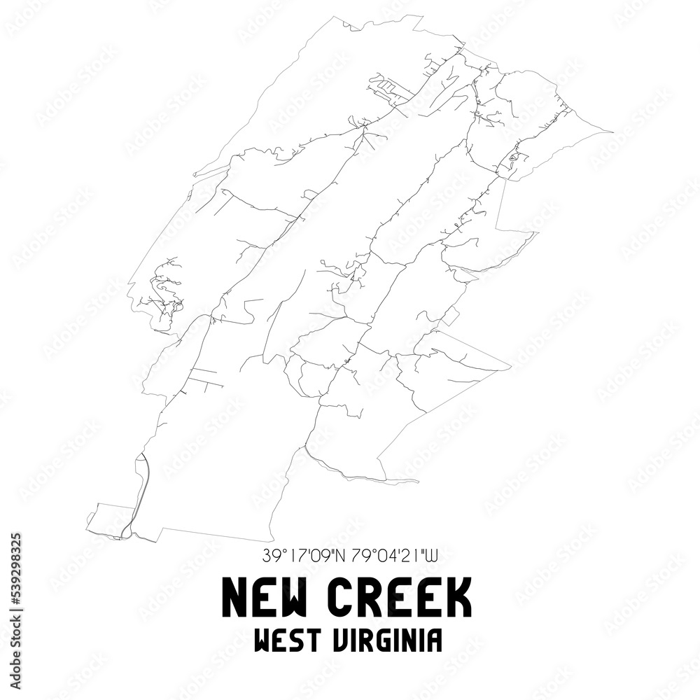 New Creek West Virginia. US street map with black and white lines.