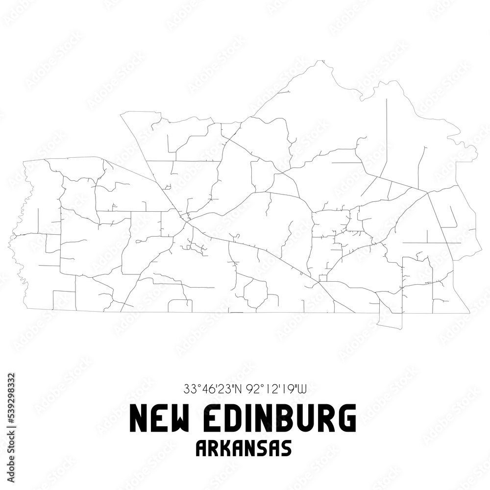 New Edinburg Arkansas. US street map with black and white lines.