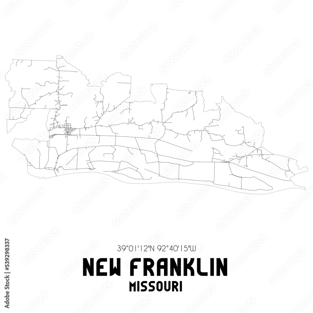 New Franklin Missouri. US street map with black and white lines.