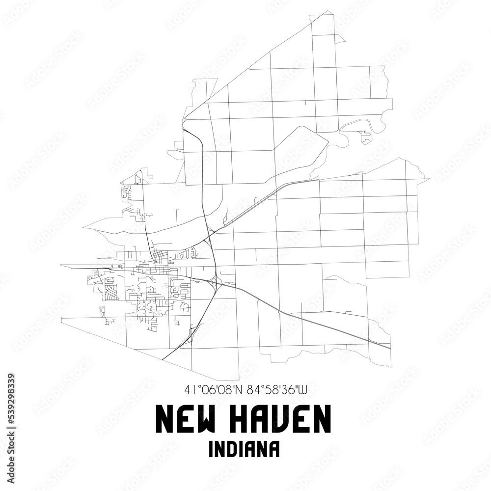 New Haven Indiana. US street map with black and white lines.