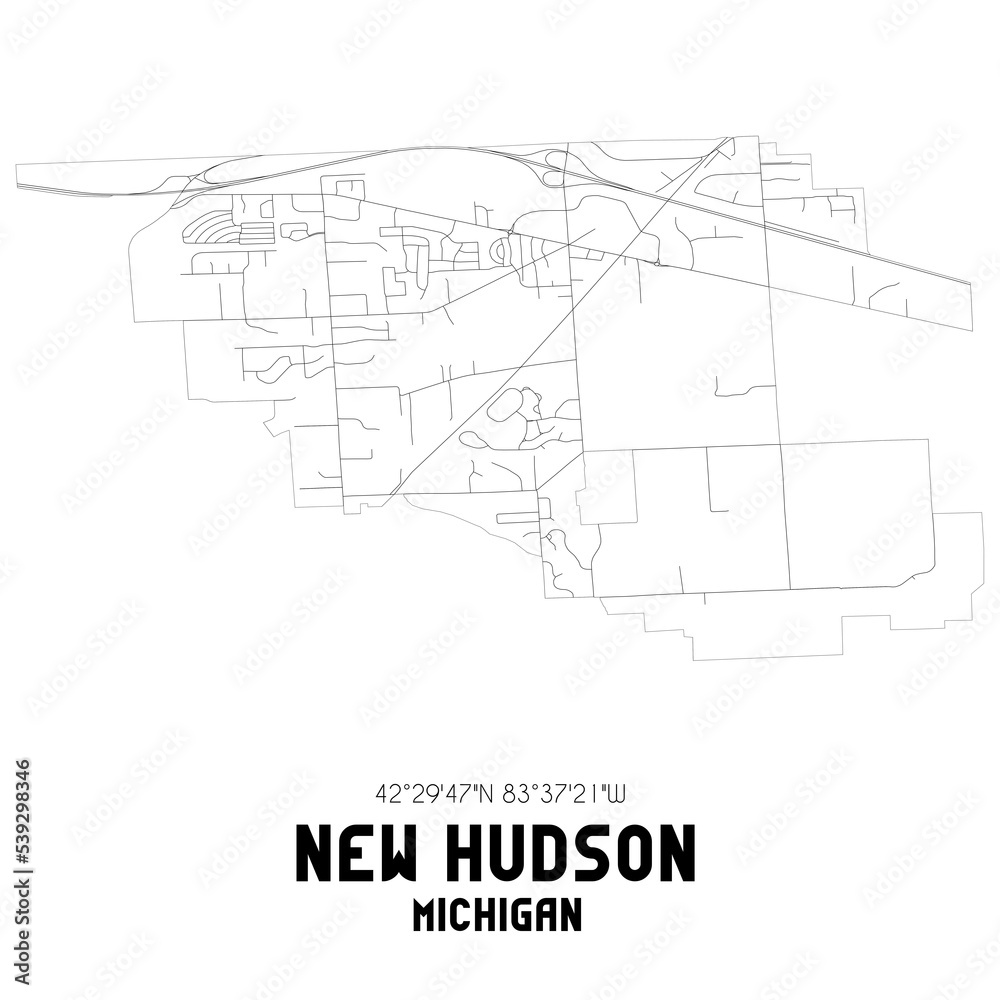 New Hudson Michigan. US street map with black and white lines.