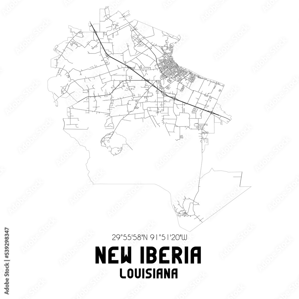 New Iberia Louisiana. US street map with black and white lines.