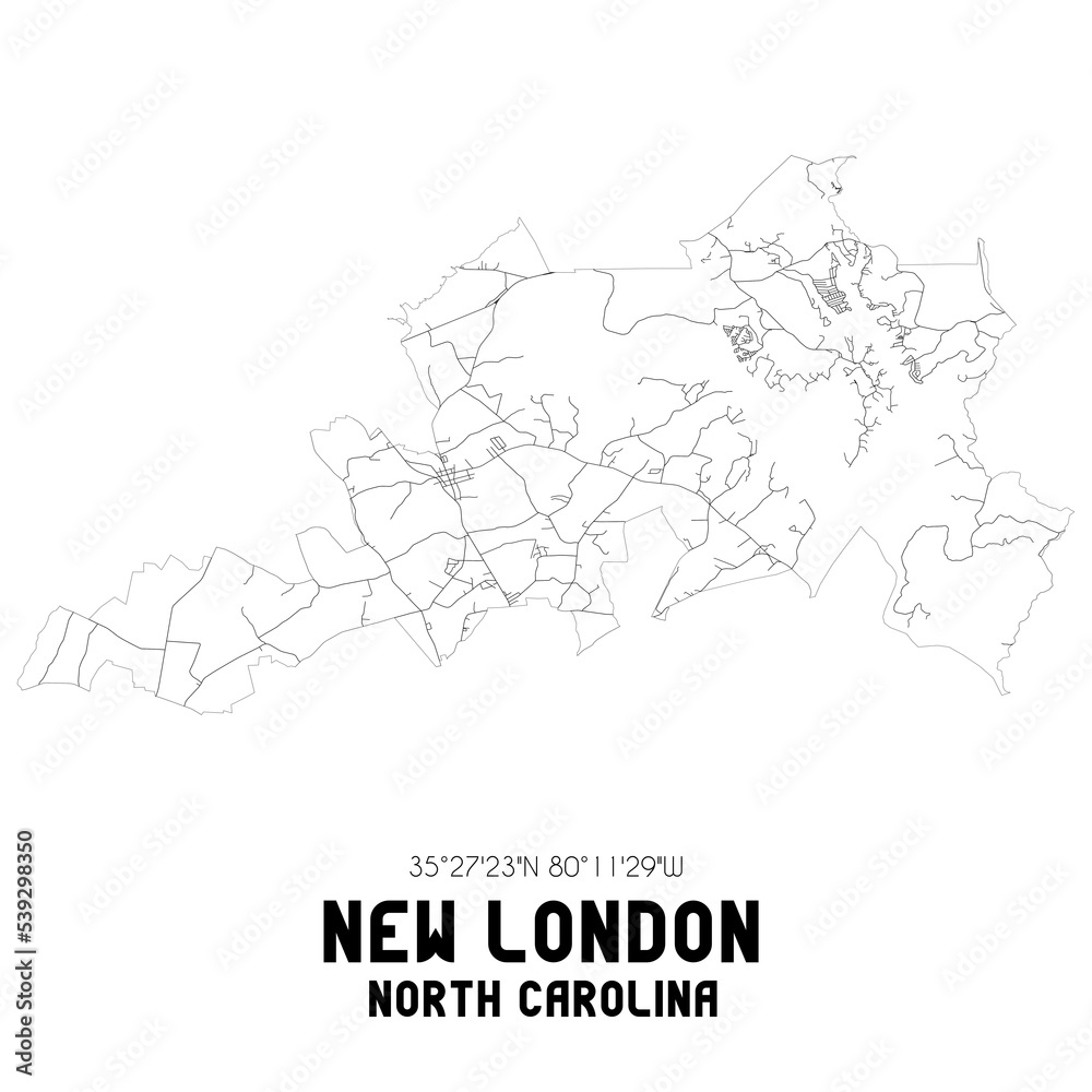 New London North Carolina. US street map with black and white lines.