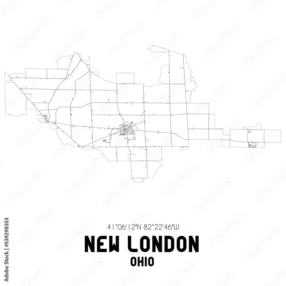 New London Ohio. US street map with black and white lines.
