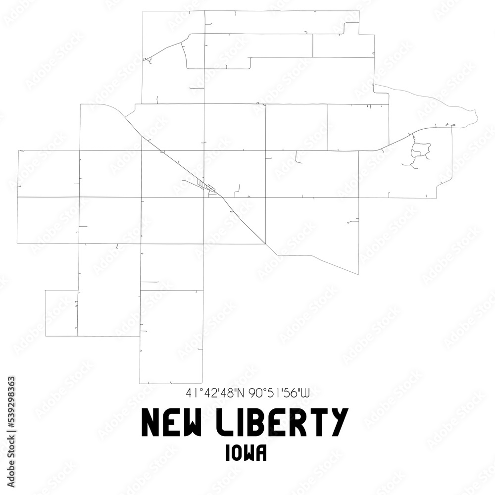 New Liberty Iowa. US street map with black and white lines.