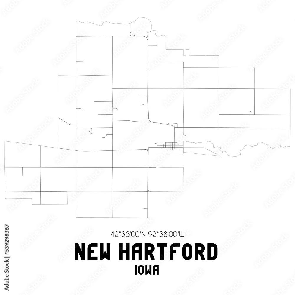 New Hartford Iowa. US street map with black and white lines.