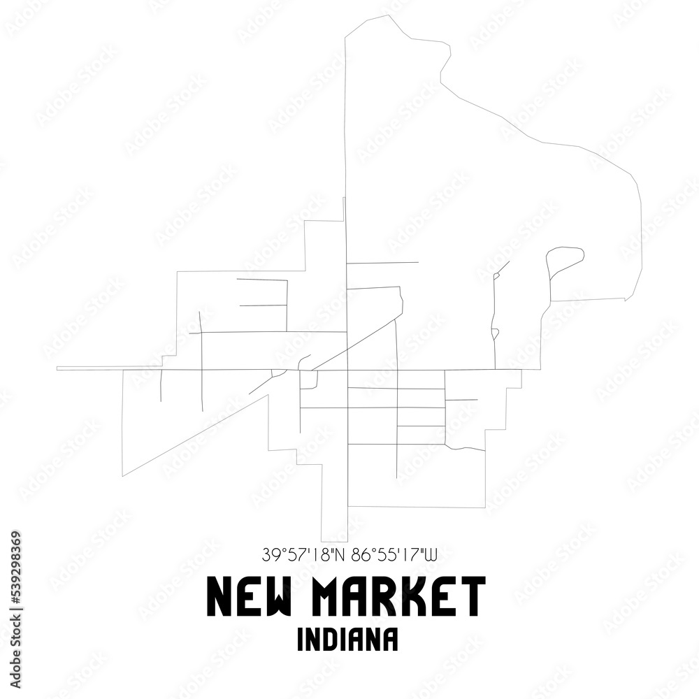 New Market Indiana. US street map with black and white lines.