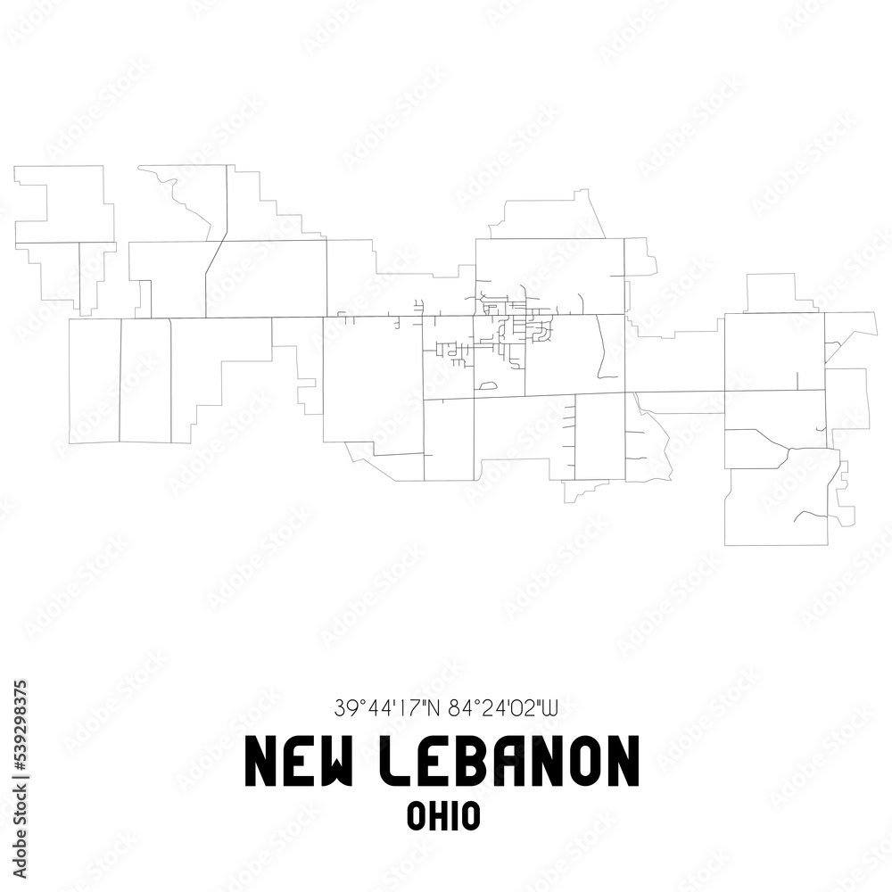 New Lebanon Ohio. US street map with black and white lines.