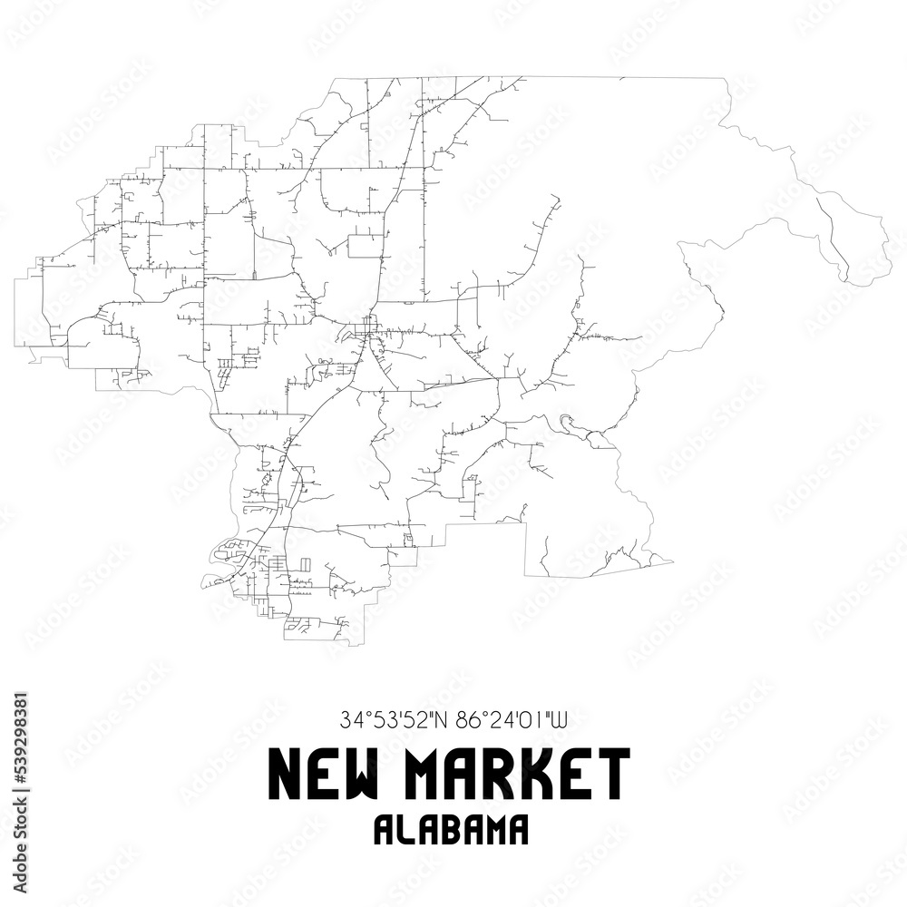 New Market Alabama. US street map with black and white lines.